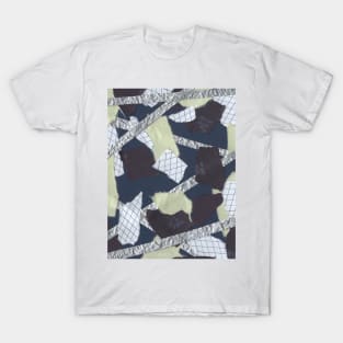 Florals and Textures - Black, Blue, Green, Silver - Abstract Mixed Torn Paper Collage T-Shirt